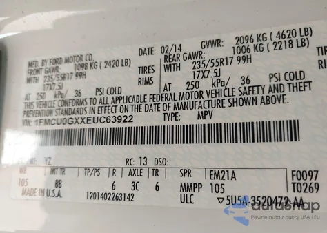 2014 Ford Escape Se из США, поврежденный, VIN 1FMCU0GXXEUC63922